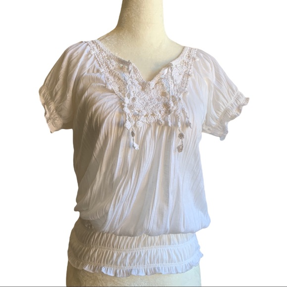 Derek Heart Tops - Derek Heart Cotton Gauze Top Boho White Crochet